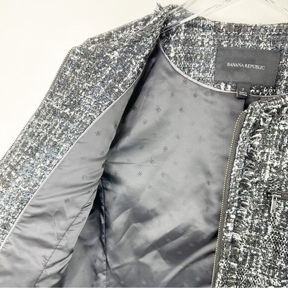 Banana Republic Short Black White Boucle Tweed Boucle Zip Front Lady Jacket Sz 2 - Picture 10 of 15